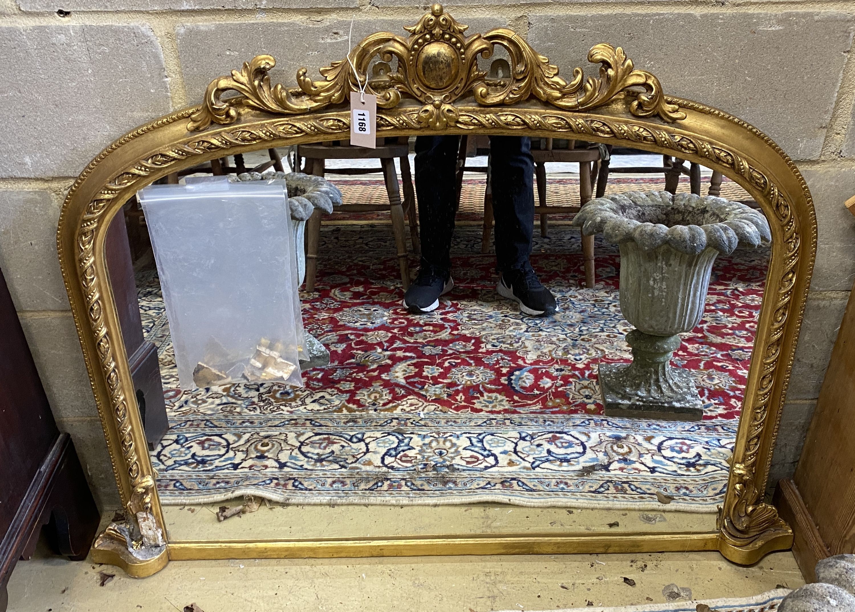 A Victorian carved giltwood and gesso overmantel mirror, width 126cm, height 93cm